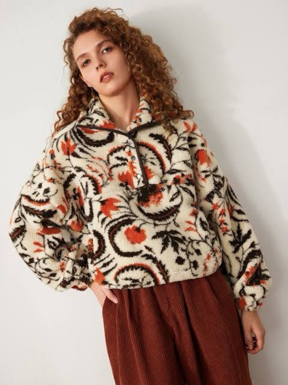 Cider Cozy Boho Floral Fleece Pullover Jacket